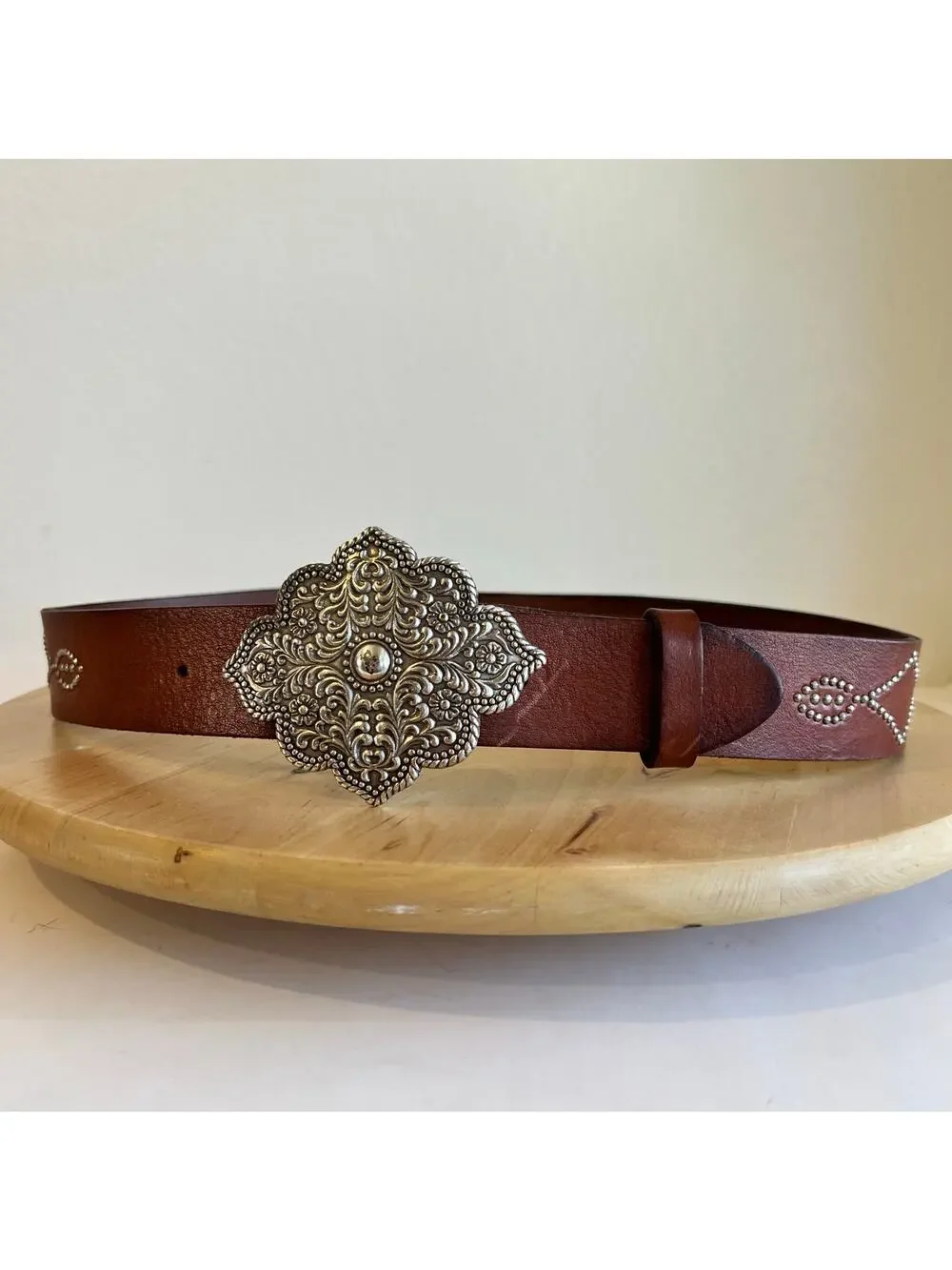 Fossil Brown Genuine Leather Silver Studded Indie Chunky Buckle Belt Size Medium